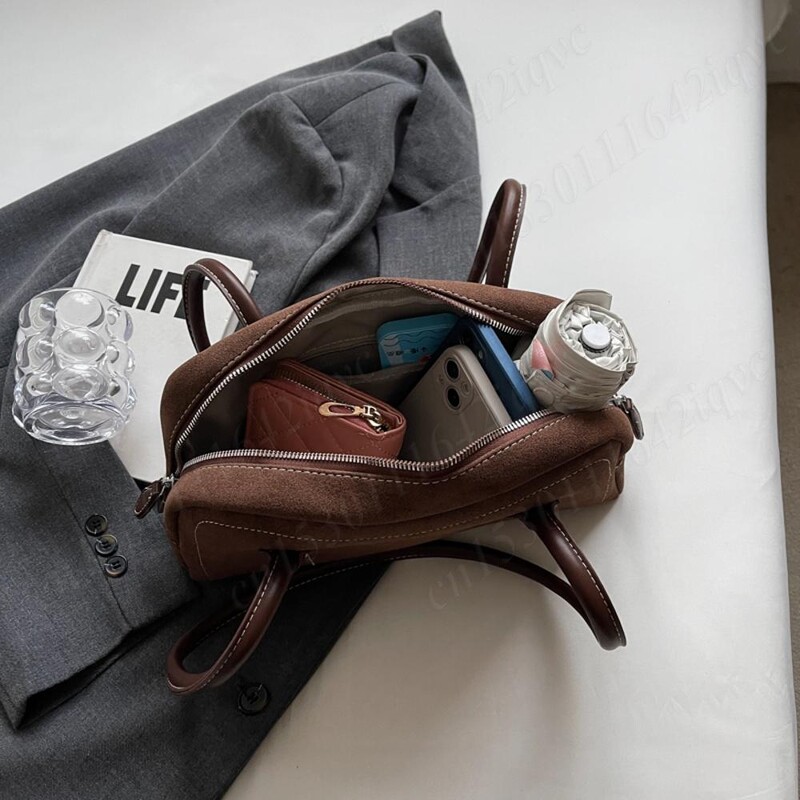 Geantă nouă de umăr din piele intoarsa pentru femei Geanta de subrat cu buzunare multiple Geanta de mana de culoare solida din piele intoarsa, cu fermoar, pentru cumparaturi de serviciu