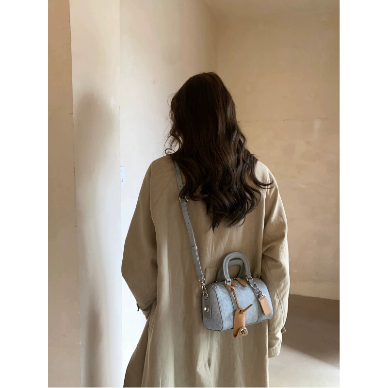 Geantă retro Boston din denim franțuzesc pentru femei, geantă pentru pernă de machiaj all-in-one pentru femei, geantă pentru navetă premium, geantă pentru umăr, simplă