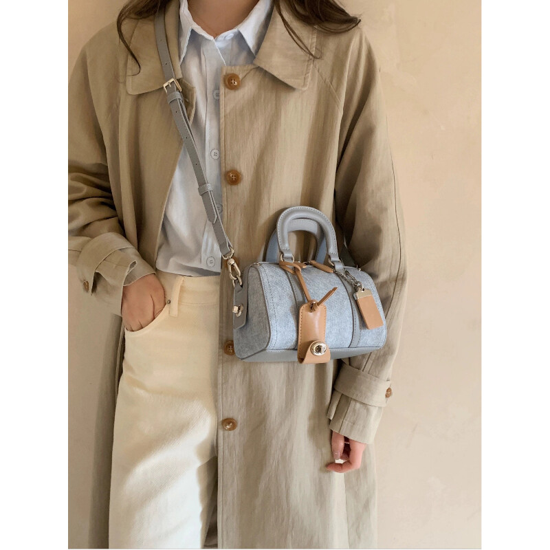 Geantă retro Boston din denim franțuzesc pentru femei, geantă pentru pernă de machiaj all-in-one pentru femei, geantă pentru navetă premium, geantă pentru umăr, simplă