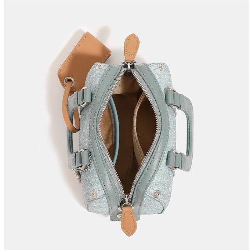 Geantă retro Boston din denim franțuzesc pentru femei, geantă pentru pernă de machiaj all-in-one pentru femei, geantă pentru navetă premium, geantă pentru umăr, simplă