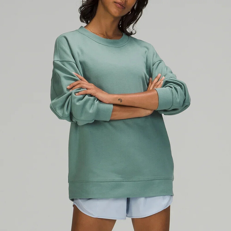 Hanorac oversize Crew Terry, Top pentru antrenament, Croială relaxată, Mânecă lungă, Șolduri acoperite, Casual, Monocromatic, Mișcare Wea