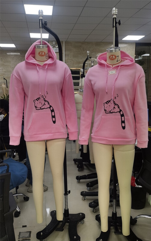 Hanorac cu mânecă lungă pentru femei, cu imprimeu drăguț de pisici și cu ureche, cu buzunar cangur, cu glugă, cu glugă