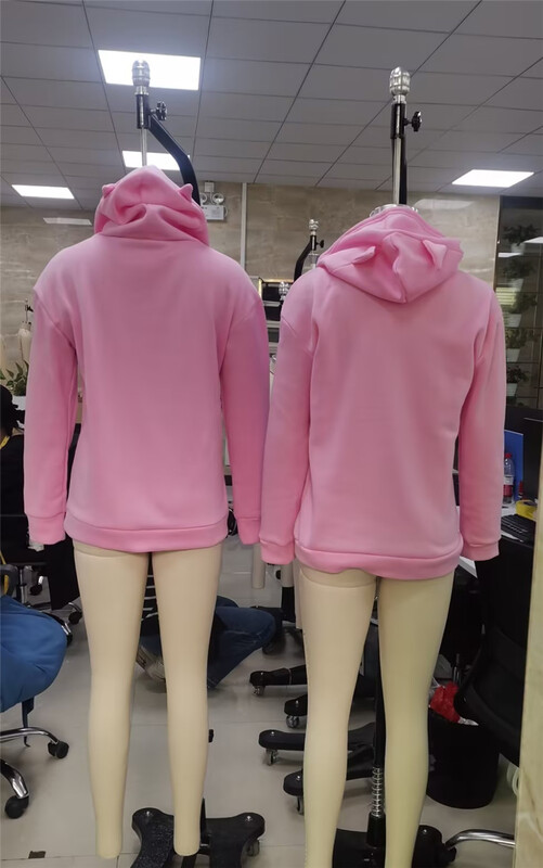 Hanorac cu mânecă lungă pentru femei, cu imprimeu drăguț de pisici și cu ureche, cu buzunar cangur, cu glugă, cu glugă