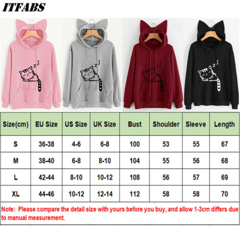 Hanorac cu mânecă lungă pentru femei, cu imprimeu drăguț de pisici și cu ureche, cu buzunar cangur, cu glugă, cu glugă