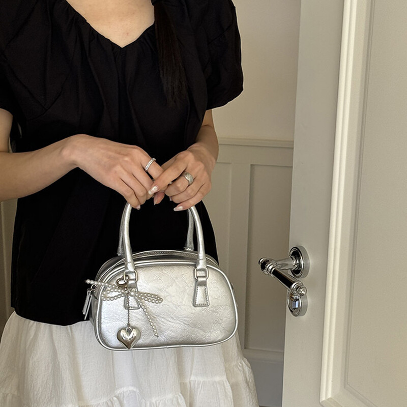 Geantă pătrată mică argintie Geantă de mână din PU Geantă de bowling Geantă casual pentru femei Boston Commuter