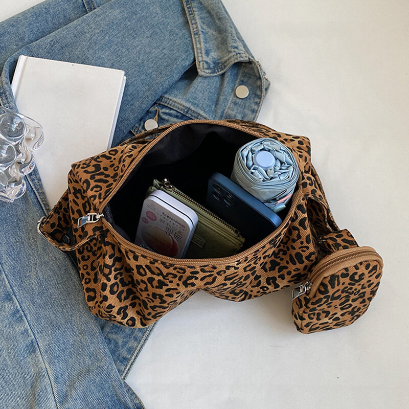 Geantă cu curea de umăr lată Geantă la modă pentru femei, cu un singur umăr, geantă cu pernă cu imprimeu leopard, cu husă pentru bani