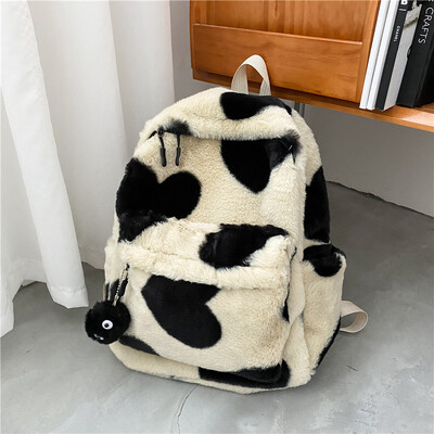 Rucsac de pluș cu imprimare inimă pentru fată Rucsaci drăguț pufos de iarnă Genți de școală pentru copii, cadou pentru copii, geantă de carte Mochilas Para Mujer