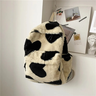 Rucsac de pluș cu imprimare inimă pentru fată Rucsaci drăguț pufos de iarnă Genți de școală pentru copii, cadou pentru copii, geantă de carte Mochilas Para Mujer