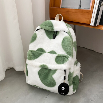 Rucsac de pluș cu imprimare inimă pentru fată Rucsaci drăguț pufos de iarnă Genți de școală pentru copii, cadou pentru copii, geantă de carte Mochilas Para Mujer