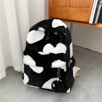 Rucsac de pluș cu imprimare inimă pentru fată Rucsaci drăguț pufos de iarnă Genți de școală pentru copii, cadou pentru copii, geantă de carte Mochilas Para Mujer