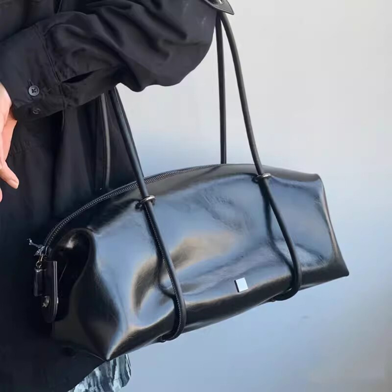 Geanta de mână vintage Boston pentru femei, din piele PU, pentru motocicletă, geantă de umăr, de capacitate mare, șic, la subrat, geantă neagră de înaltă calitate