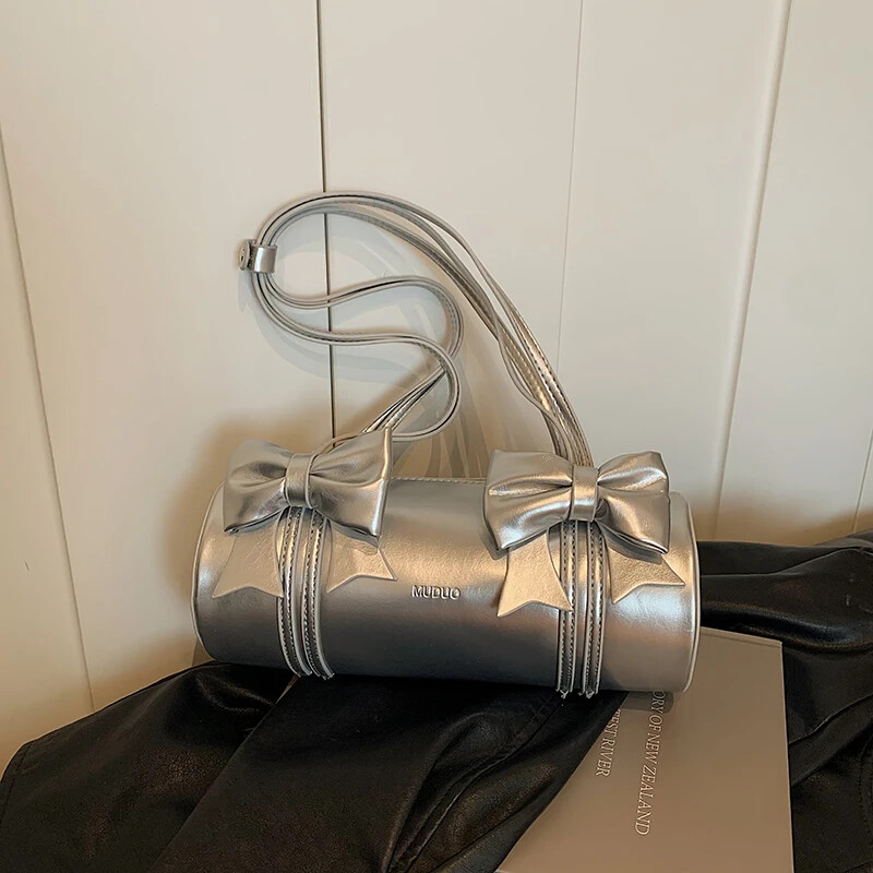 Izsmalcinātas Bow Glossy PU Boston plecu un Crossbody somas Divu izmēru Sense of Luxury Cute Sieviešu rokassomas 2025 Designer Style