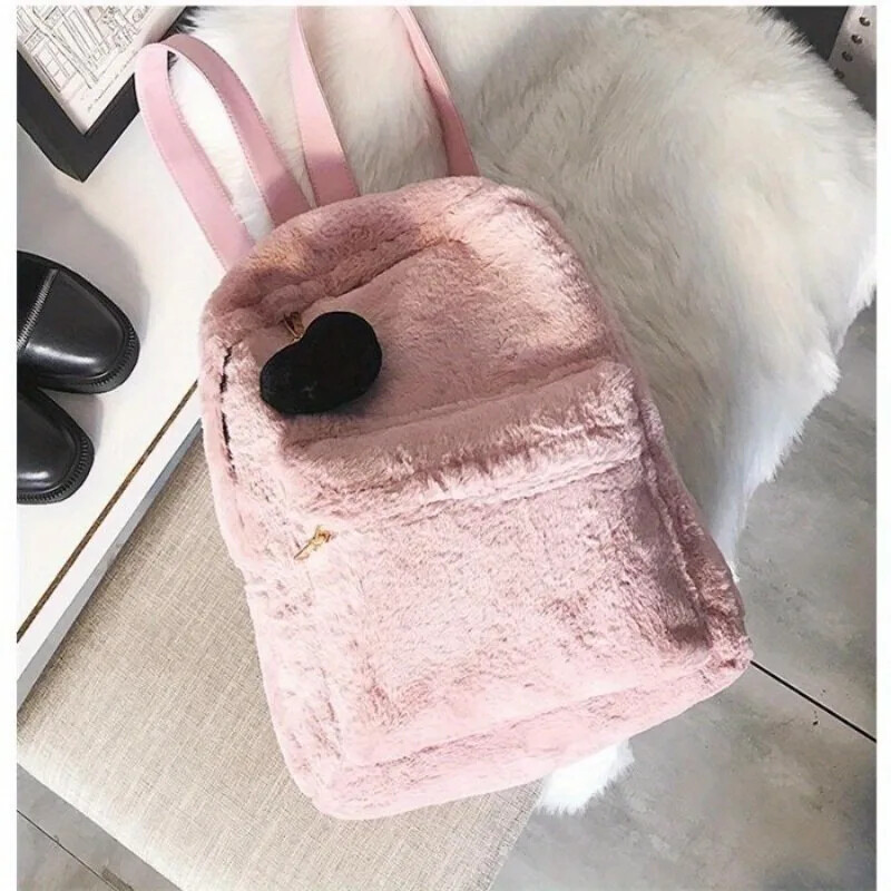 1 rucsac drăguț pentru femei de pluș din blană artificială, cu pandantiv inimă, rucsac moale, mini rucsac