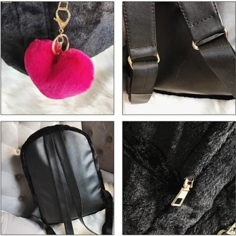 1 rucsac drăguț pentru femei de pluș din blană artificială, cu pandantiv inimă, rucsac moale, mini rucsac