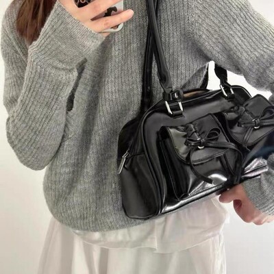Genți de tote Boston din piele PU cu fundă pentru femei coreeane, genți de umăr de modă Y2k, de culoare solidă, la modă, genți de mână pentru subrat, Bolsas Mujer