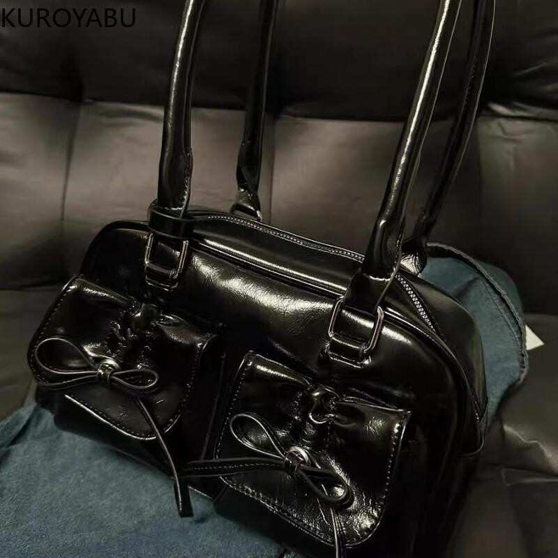 Genți de tote Boston din piele PU cu fundă pentru femei coreeane, genți de umăr de modă Y2k, de culoare solidă, la modă, genți de mână pentru subrat, Bolsas Mujer