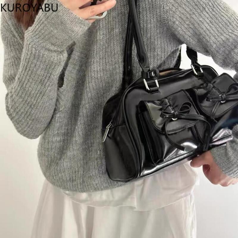 Genți de tote Boston din piele PU cu fundă pentru femei coreeane, genți de umăr de modă Y2k, de culoare solidă, la modă, genți de mână pentru subrat, Bolsas Mujer