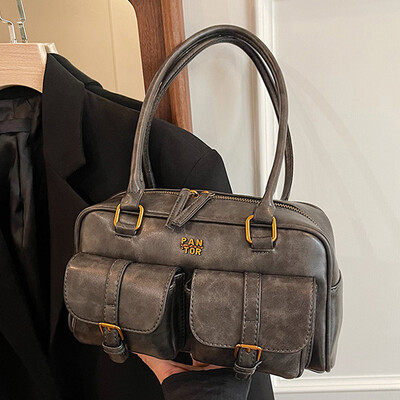 Bostonas soma sievietēm ar vairākām kabatām padušu soma PU ādas vintage plecu soma Sajūga soma ceļojumu darbam