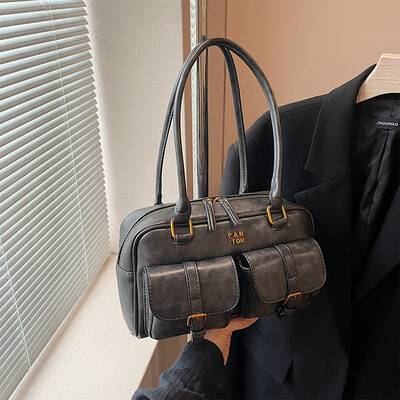 Bostonas soma sievietēm ar vairākām kabatām padušu soma PU ādas vintage plecu soma Sajūga soma ceļojumu darbam