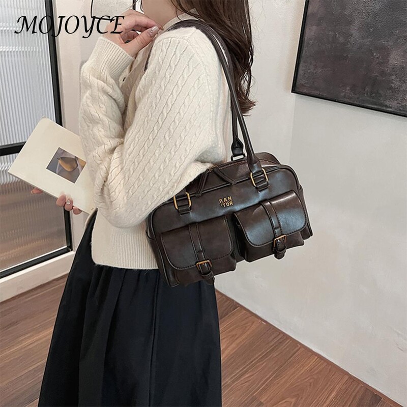 Bostonas soma sievietēm ar vairākām kabatām padušu soma PU ādas vintage plecu soma Sajūga soma ceļojumu darbam