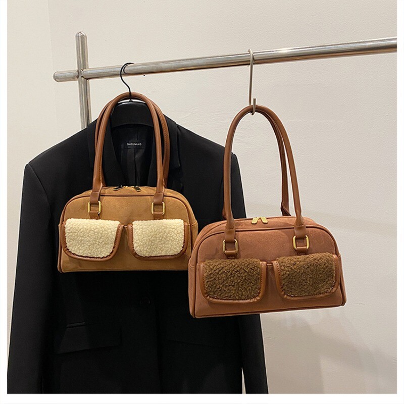 Super zgodna mala torba od antilopa koja blokira boje 2024. Nova jesen i zima Svestrana torba ispod pazuha na jedno rame Ručna torba Boston