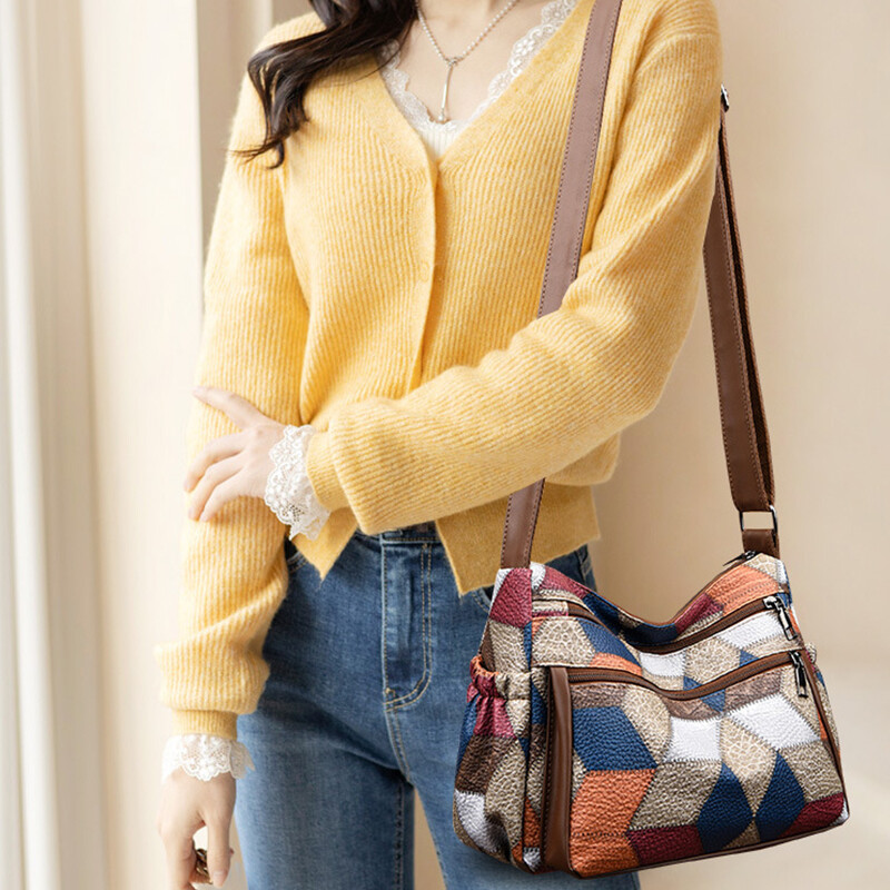 Jaunas krāsas, nacionāla stila PU ādas Bostonas soma Krāsaina Patchwork ar augšējo rokturi, liela ietilpība Crossbody rokassomas