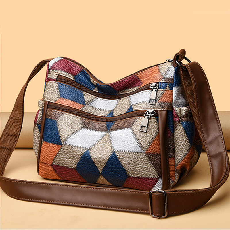 Jaunas krāsas, nacionāla stila PU ādas Bostonas soma Krāsaina Patchwork ar augšējo rokturi, liela ietilpība Crossbody rokassomas