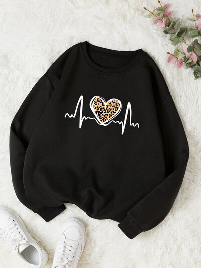 Ženski široki pulover s termo podstavom i okruglim izrezom s printom, dugih rukava i majica od baršuna