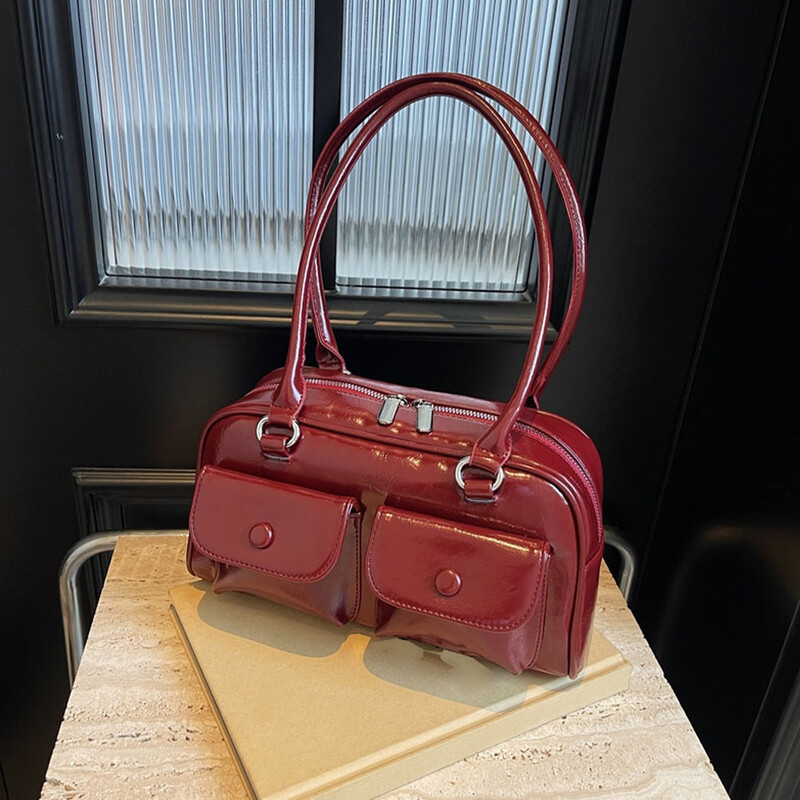 Geantă de umăr de afaceri vintage pentru femei, geantă de tote pentru navetă simplă, din piele PU, geantă pentru subrat pentru femeie, roșu de vin, genți de mână mari Poșete