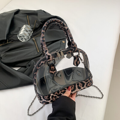 Geantă de mână Shell de marcă pentru femei, geantă de umăr din piele de leopard, kaki, de femeie, impermeabilă, transparentă, din PVC