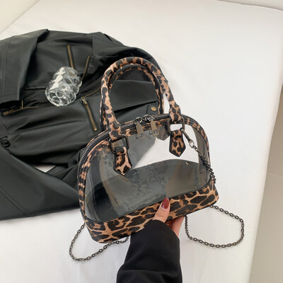 Geantă de mână Shell de marcă pentru femei, geantă de umăr din piele de leopard, kaki, de femeie, impermeabilă, transparentă, din PVC