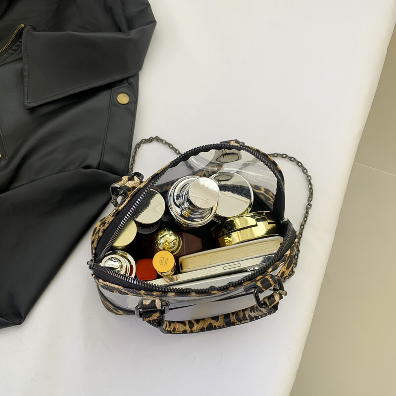 Geantă de mână Shell de marcă pentru femei, geantă de umăr din piele de leopard, kaki, de femeie, impermeabilă, transparentă, din PVC