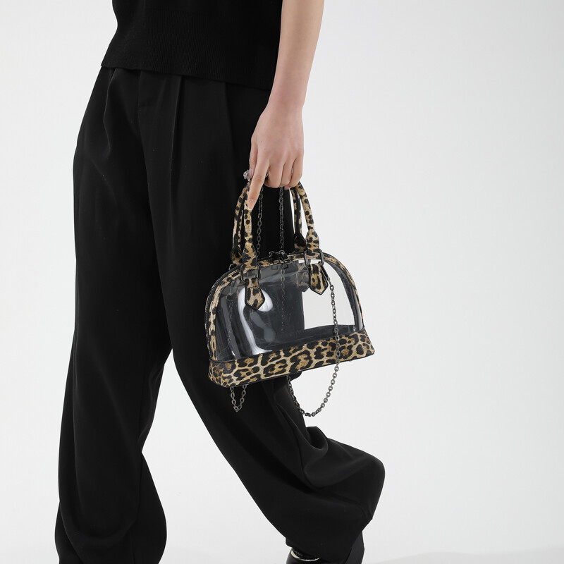 Geantă de mână Shell de marcă pentru femei, geantă de umăr din piele de leopard, kaki, de femeie, impermeabilă, transparentă, din PVC