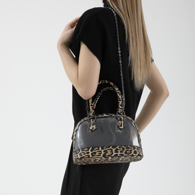 Geantă de mână Shell de marcă pentru femei, geantă de umăr din piele de leopard, kaki, de femeie, impermeabilă, transparentă, din PVC