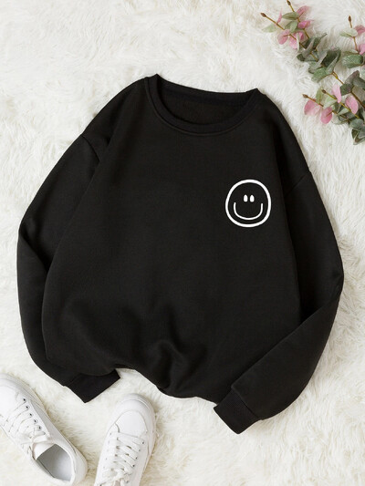 Sieviešu apdrukas džemperis ar termiski oderētu apkakli ar brīvu džemperi ar garām piedurknēm un samta