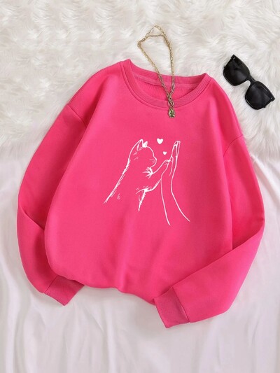 Ženski široki pulover s termo podstavom i okruglim izrezom s printom, dugih rukava i majica od baršuna