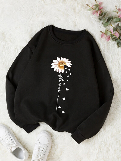 Sieviešu apdrukas džemperis ar termiski oderētu apkakli ar brīvu džemperi ar garām piedurknēm un samta