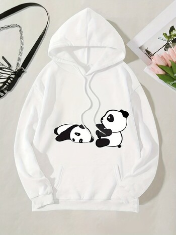 Panda Print Kangaroo Pocket Hoodie, Casual Φούτερ με μακρυμάνικο κορδόνι, Γυναικεία Ρούχα