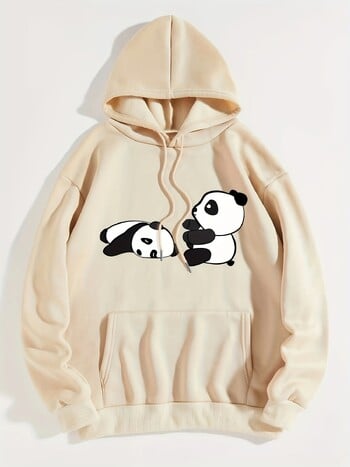 Panda Print Kangaroo Pocket Hoodie, Casual Φούτερ με μακρυμάνικο κορδόνι, Γυναικεία Ρούχα