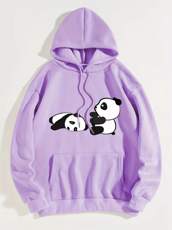 Panda Print Kangaroo Pocket Hoodie, Casual Φούτερ με μακρυμάνικο κορδόνι, Γυναικεία Ρούχα