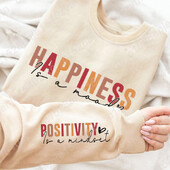 Happiness Is Mood majica s printom slova, ležerna majica s okruglim izrezom za jesen i zimu, ženska odjeća