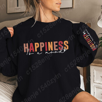 Φούτερ με στάμπα Happiness Is Mood Letter, Crew Neck Casual Oversized Φούτερ για Φθινόπωρο & Χειμώνα, Γυναικεία Ρούχα