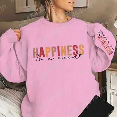 Happiness Is Mood majica s printom slova, ležerna majica s okruglim izrezom za jesen i zimu, ženska odjeća