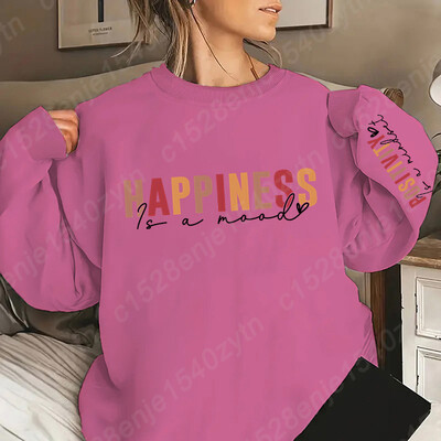 Happiness Is Mood majica s printom slova, ležerna majica s okruglim izrezom za jesen i zimu, ženska odjeća