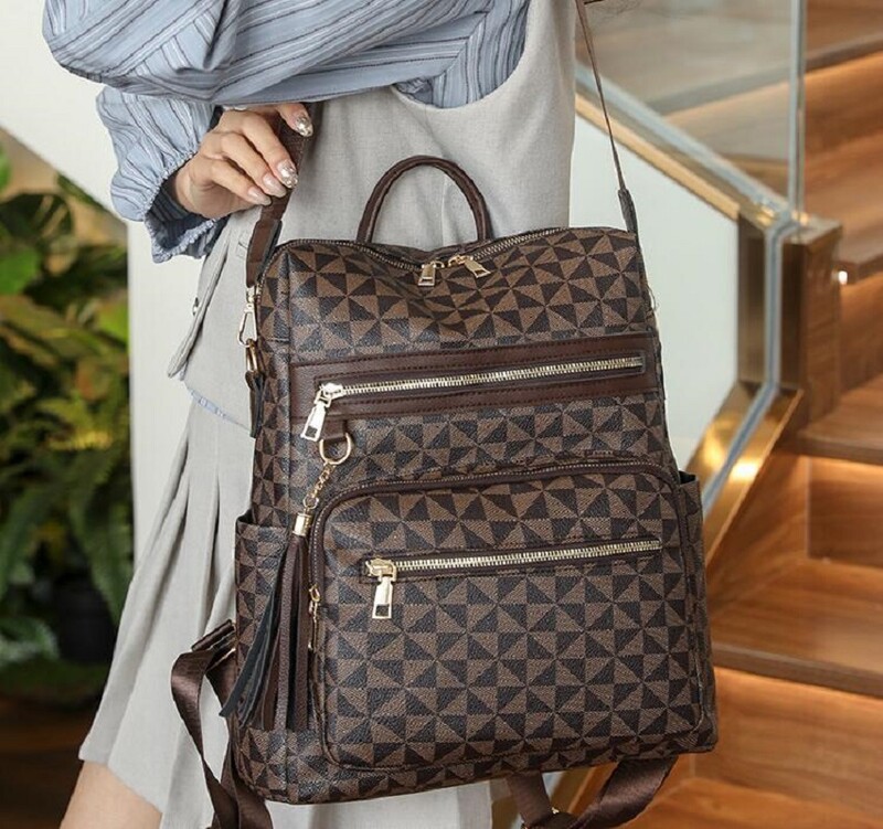 Rucsac de călătorie din piele moale, tipărire la modă, ciucuri pentru femei, genți de umăr de designer, geantă de școală de capacitate mare