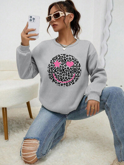 Hanorac imprimat cu leopard Happy Face Love pentru femei, toamnă moale, fleece, calduroase, pulover pentru femei, stradă