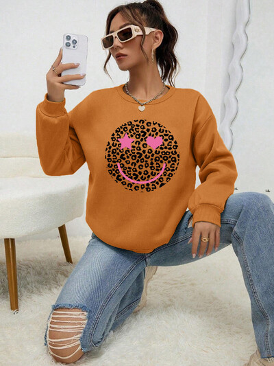 Hanorac imprimat cu leopard Happy Face Love pentru femei, toamnă moale, fleece, calduroase, pulover pentru femei, stradă