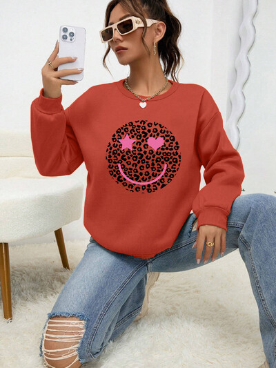 Hanorac imprimat cu leopard Happy Face Love pentru femei, toamnă moale, fleece, calduroase, pulover pentru femei, stradă