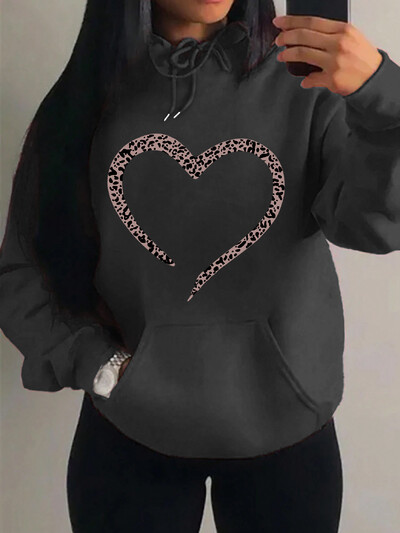 Imprimare leopard Inimă Imprimare creativă Hanorac pentru femei Moda Multicolor Pulover Casual Street Pulover Fleece Buzunar Topuri pentru femei