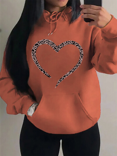 Imprimare leopard Inimă Imprimare creativă Hanorac pentru femei Moda Multicolor Pulover Casual Street Pulover Fleece Buzunar Topuri pentru femei